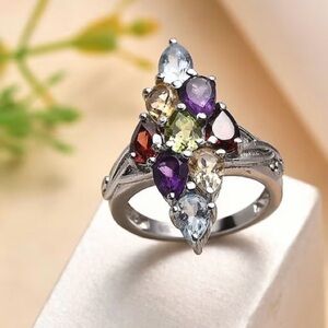 Multi Gemstone 3.80 ctw Elongated Ring in Stainless Steel